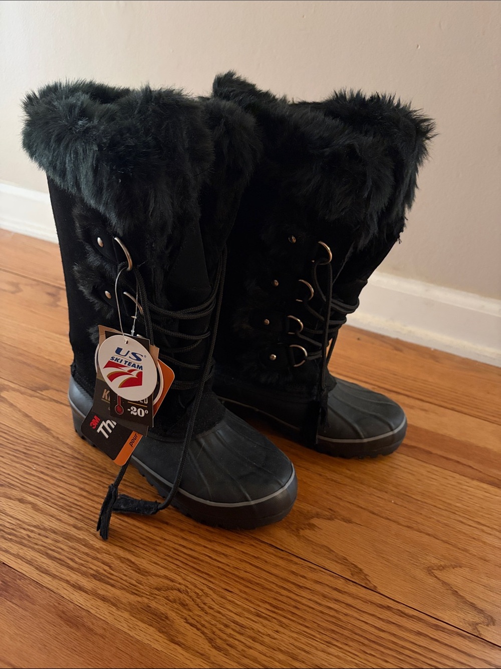 Khombu Black Faux-Fur Lace-Up Insulated Winter Rain Boots